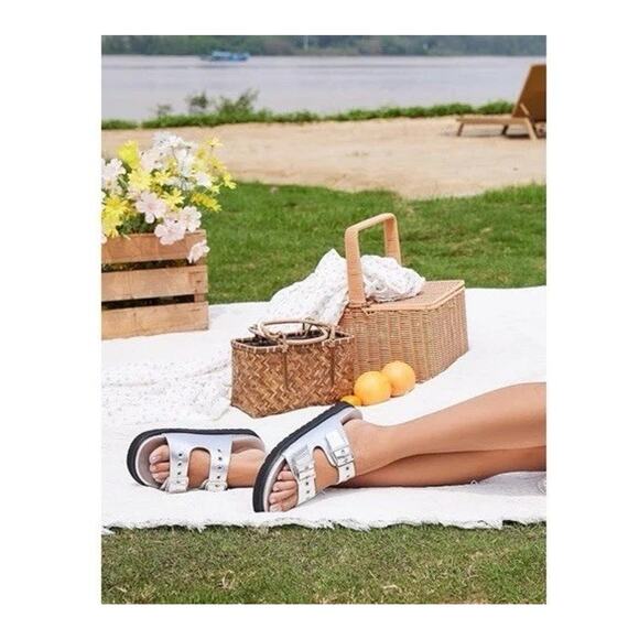 Easyfox Silver Slides Sandals Shoes Women's Double Buckle Adjustable - Picture 5 of 6